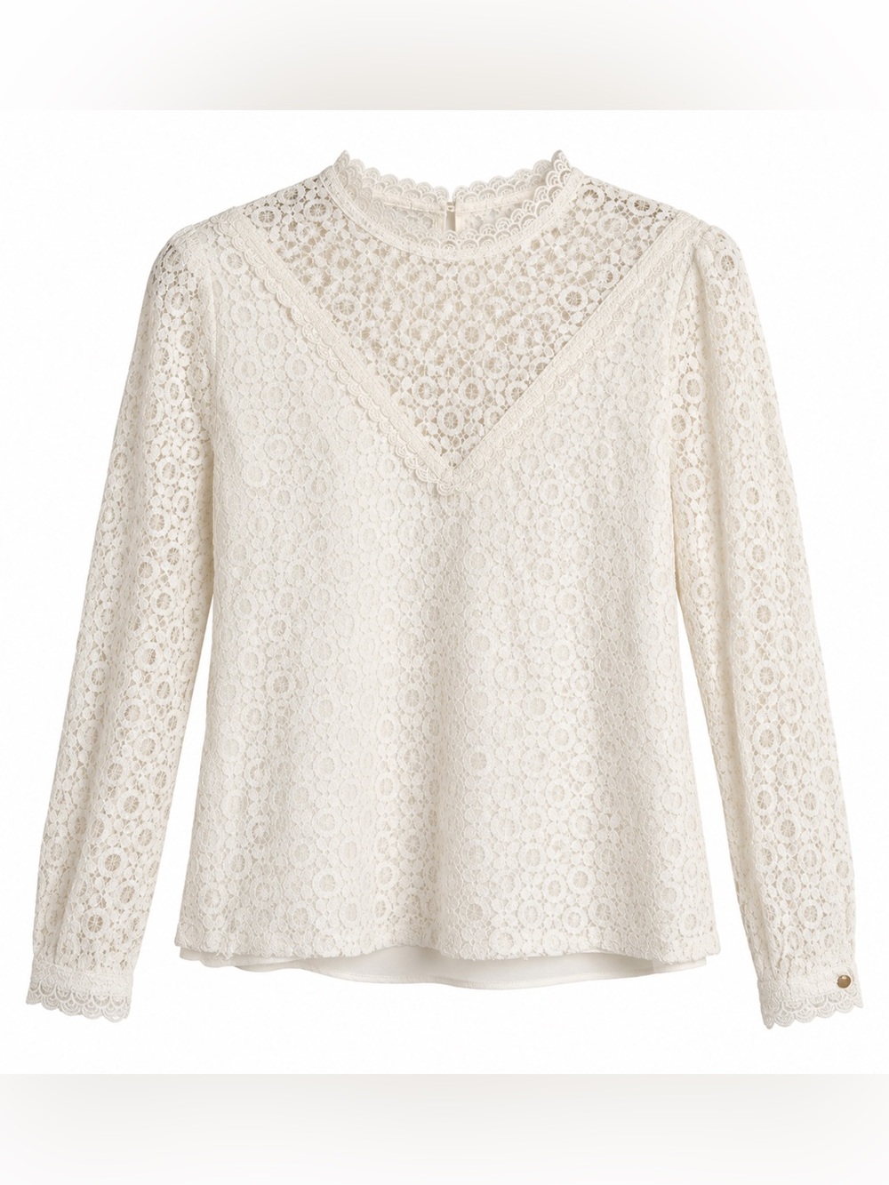 Vintage-Style White French Lace Long Sleeve Blouse Size S